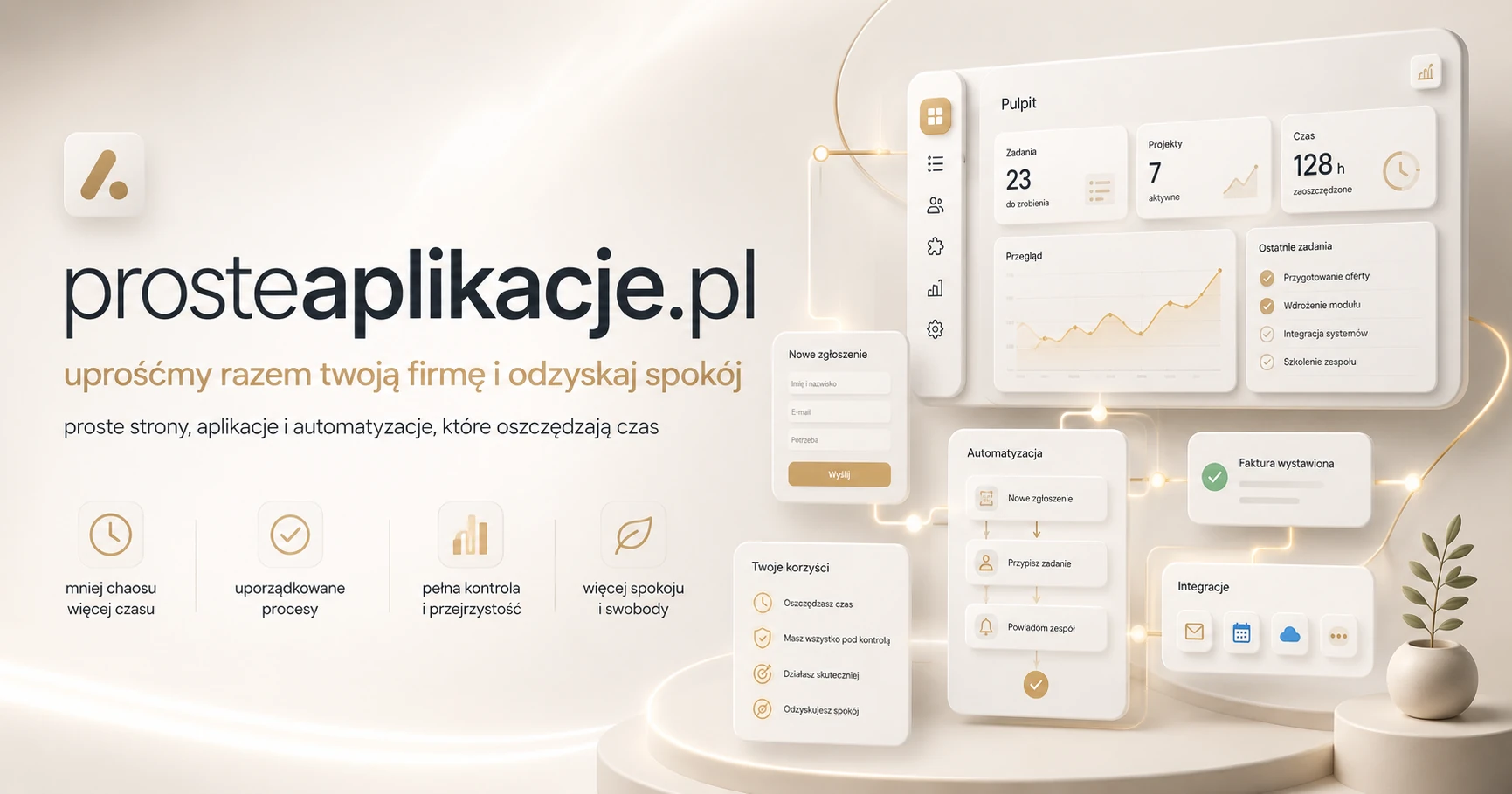 Mężczyzna relaksuje się z kawą podczas gdy laptop automatycznie przetwarza dane — prosteaplikacje.pl